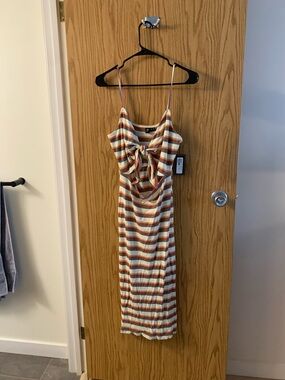 Volcom Striped Tie-Front Midi Dress in White, Rust Red, Yellow, and Green